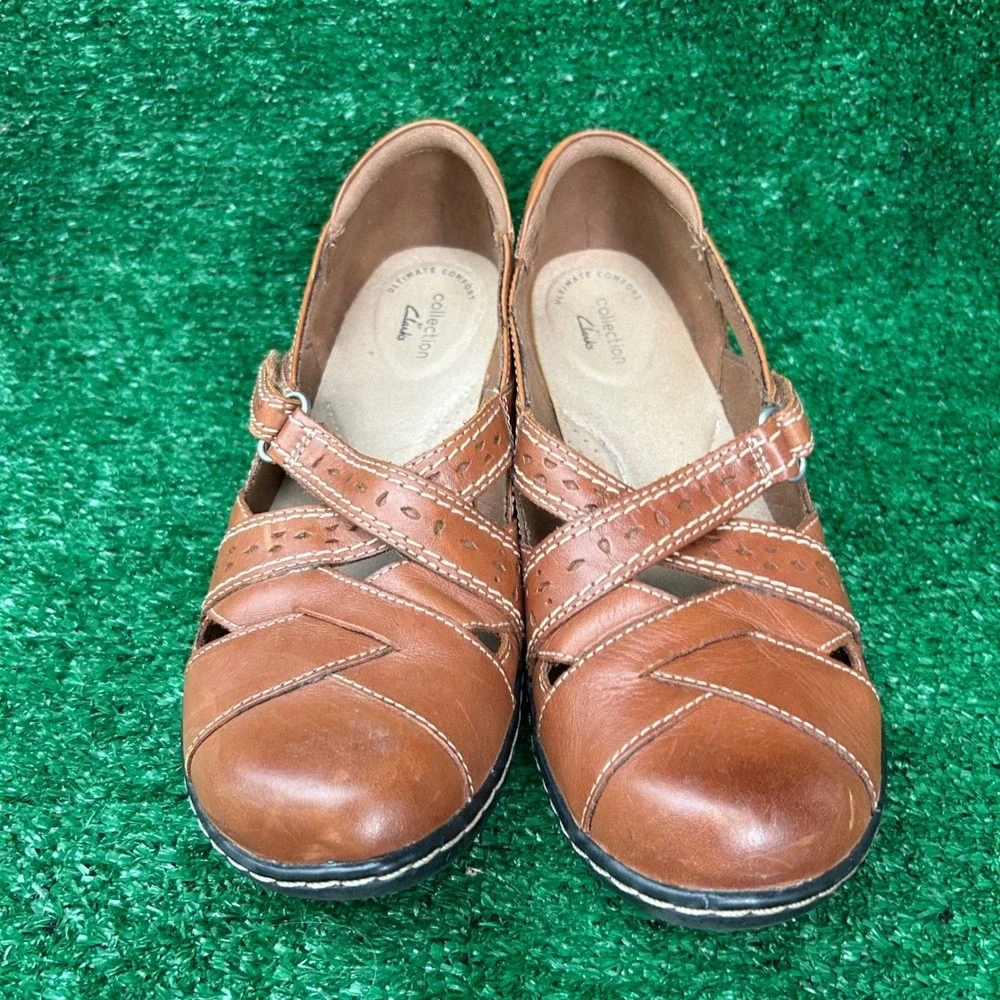 Clarks Collection Leather Mary Jane Shoes Tan Caged Perforated 8M 260656523080